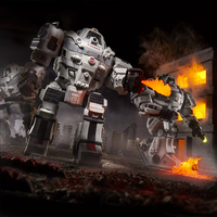 Hasbro G.I. Joe Cobra S.N.A.K.E battle suit figures with flame effects in a destroyed urban diorama setting
