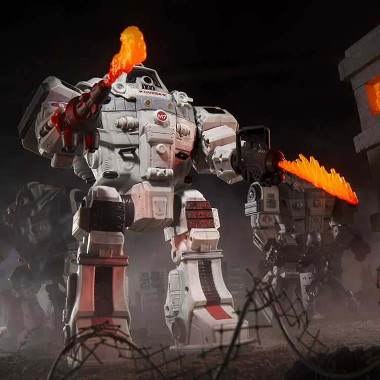 Hasbro G.I. Joe Cobra S.N.A.K.E Battle Suit figure with flamethrower accessories in dynamic pose at night.