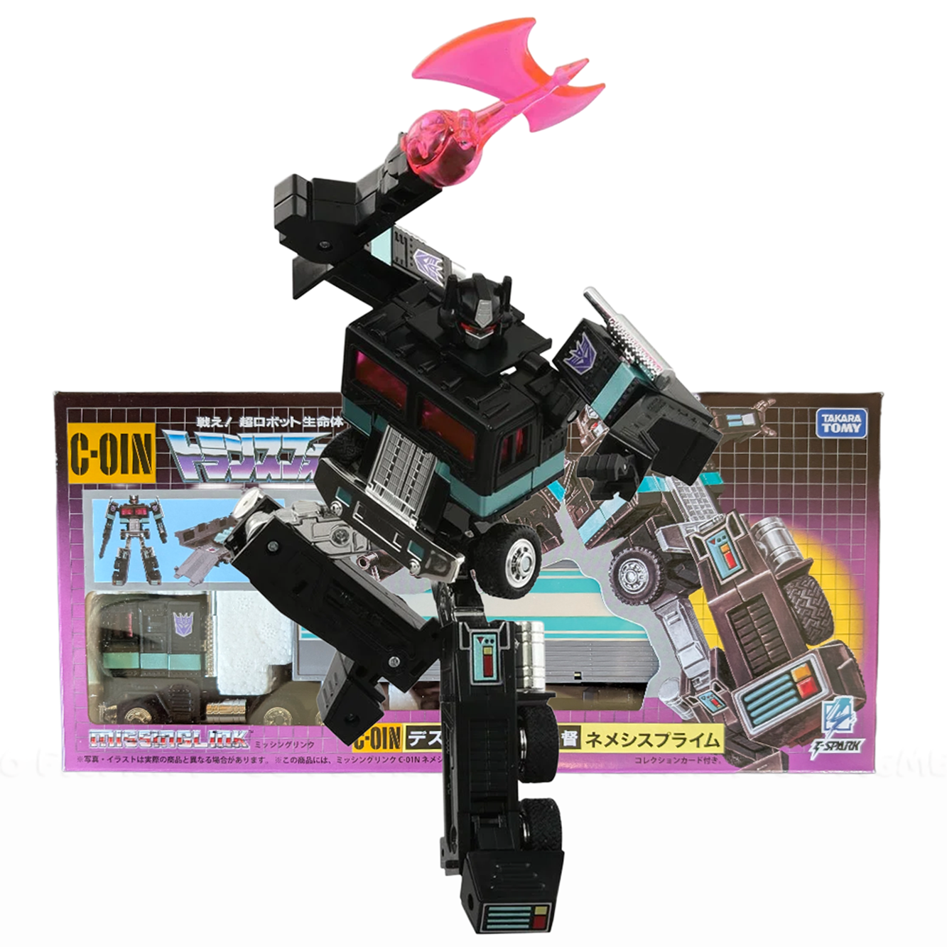Transformers Missing Link C-01N Nemesis Prime Figure with Trailer & Accessories by Hasbro in robot mode with axe accessory