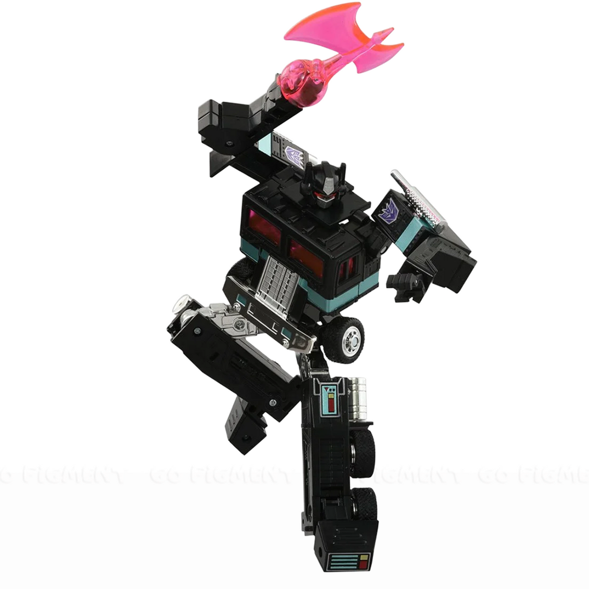 Transformers Missing Link C-01N Nemesis Prime Figure with Trailer & Accessories by Hasbro in dynamic pose with energy axe.