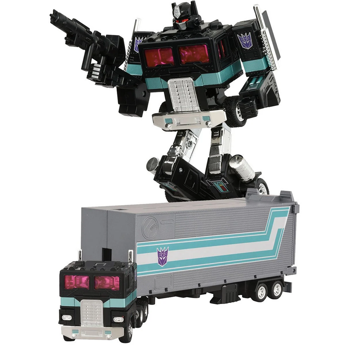Transformers Missing Link C-01N Nemesis Prime Figure with Trailer & Accessories by Hasbro in black and teal colors