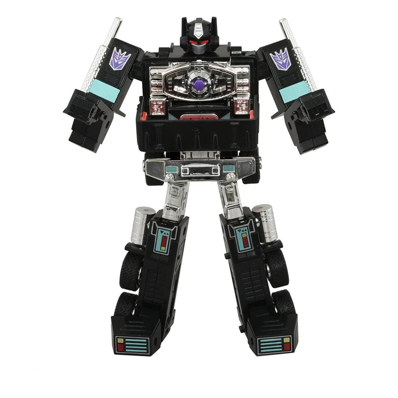 Transformers Missing Link C-01N Nemesis Prime Figure with Trailer & Accessories by Hasbro in black and silver robot form.