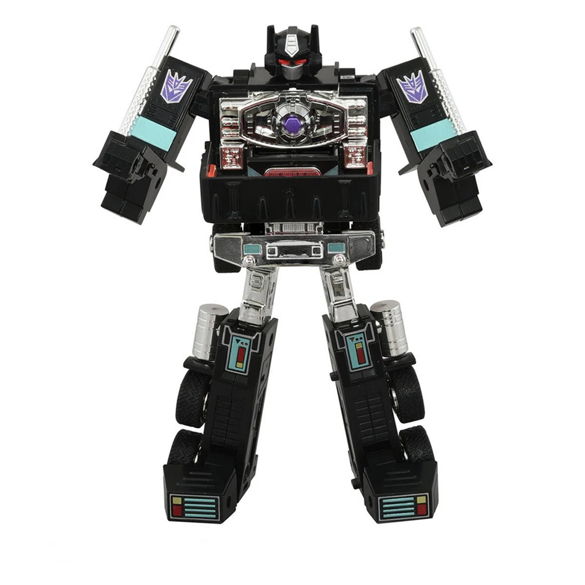 Transformers Missing Link C-01N Nemesis Prime Figure with Trailer & Accessories by Hasbro in black and silver robot form.