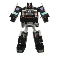 Transformers Missing Link C-01N Nemesis Prime Figure with Trailer & Accessories by Hasbro in black and silver robot form.
