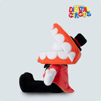Glitch Caine plush sitting sideways with wide open mouth, black top hat, red jacket, and white glove on light background