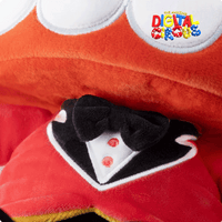 Close-up of Glitch Caine plush wearing black bowtie, red jacket with white shirt detail from The Amazing Digital Circus