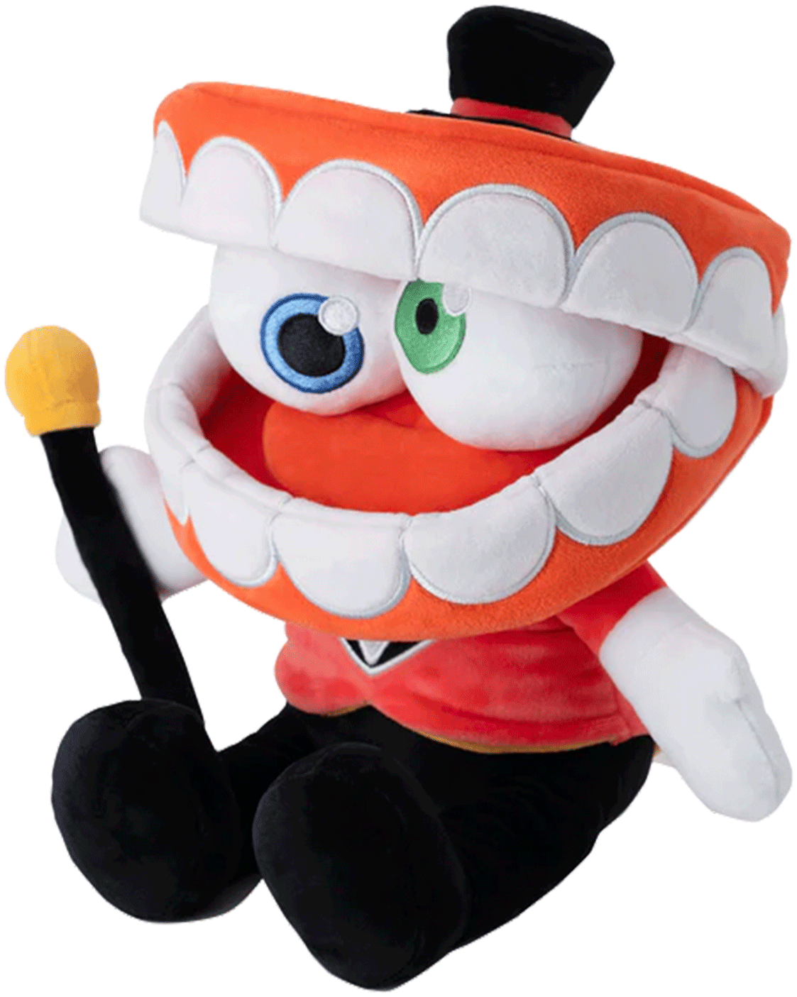 Glitch Caine plush with large teeth, heterochromatic eyes, black top hat, and red outfit holding a cane on white background