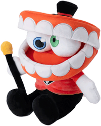 Glitch Caine plush with large teeth, heterochromatic eyes, black top hat, and red outfit holding a cane on white background