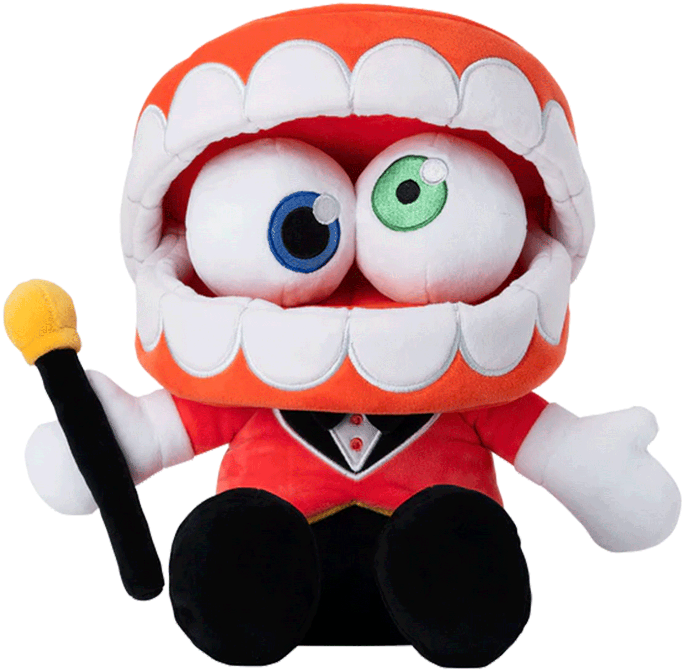 Glitch Caine plush toy with oversized mouth, heterochromatic eyes, red suit, black pants, and holding a cane sitting upright