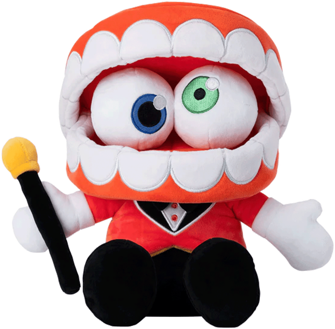 Glitch Caine plush toy with oversized mouth, heterochromatic eyes, red suit, black pants, and holding a cane sitting upright