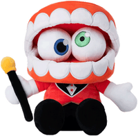 Glitch Caine plush toy with oversized mouth, heterochromatic eyes, red suit, black pants, and holding a cane sitting upright
