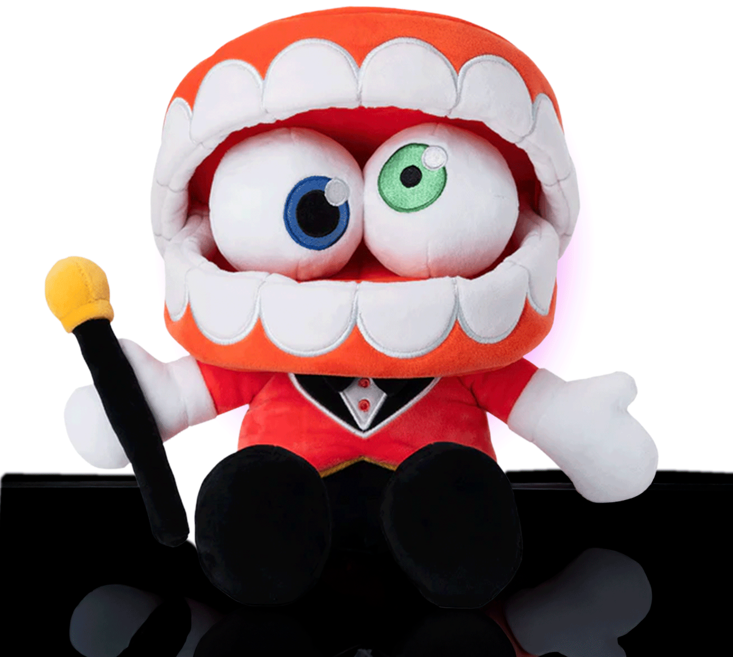 Glitch Caine plush with large open mouth, heterochromatic eyes, red jacket, black bowtie, and holding yellow-tipped cane