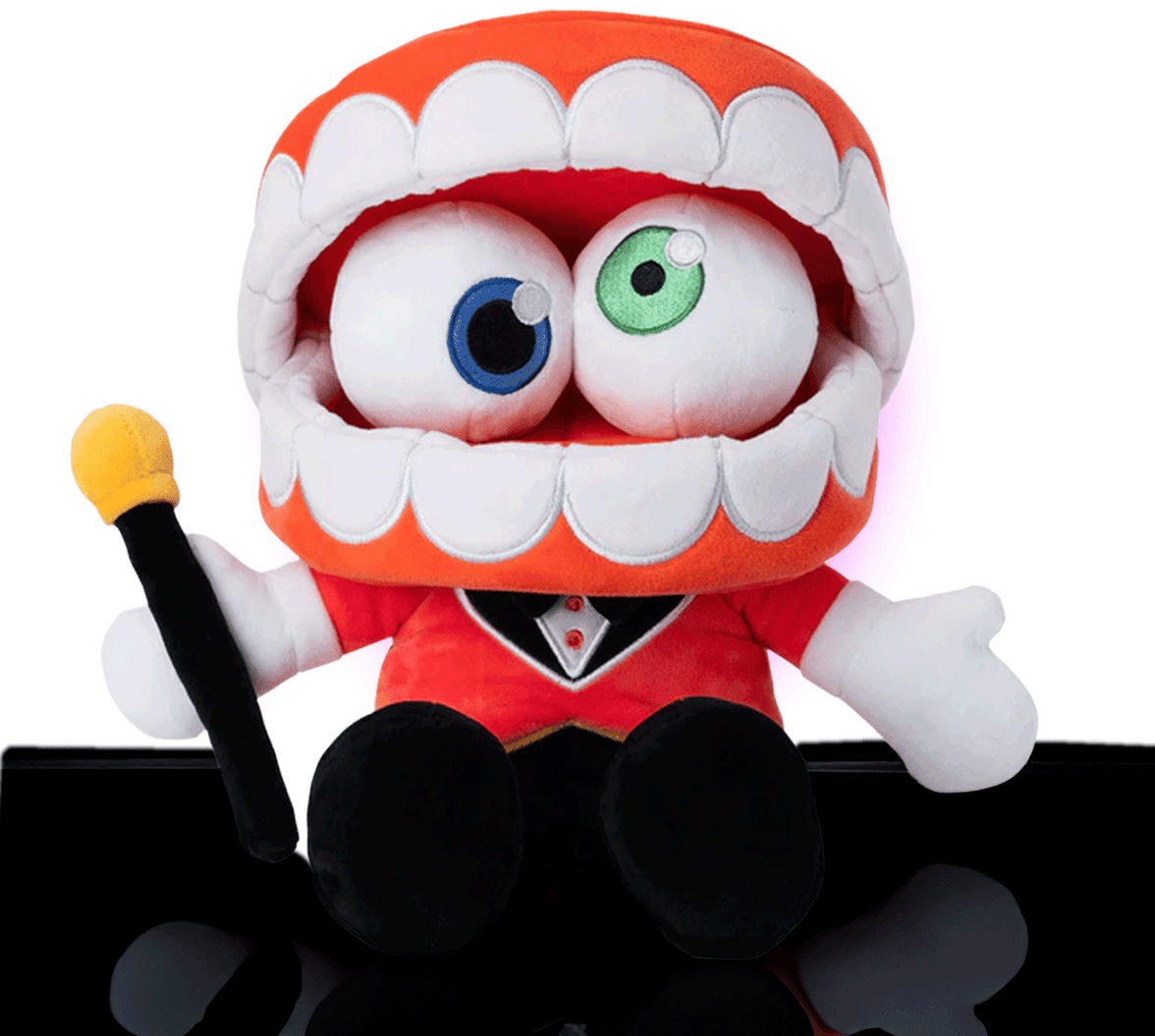 Glitch Caine plush with large open mouth, heterochromatic eyes, red jacket, black bowtie, and holding yellow-tipped cane