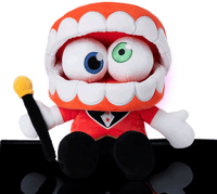 Glitch Caine plush with large open mouth, heterochromatic eyes, red jacket, black bowtie, and holding yellow-tipped cane