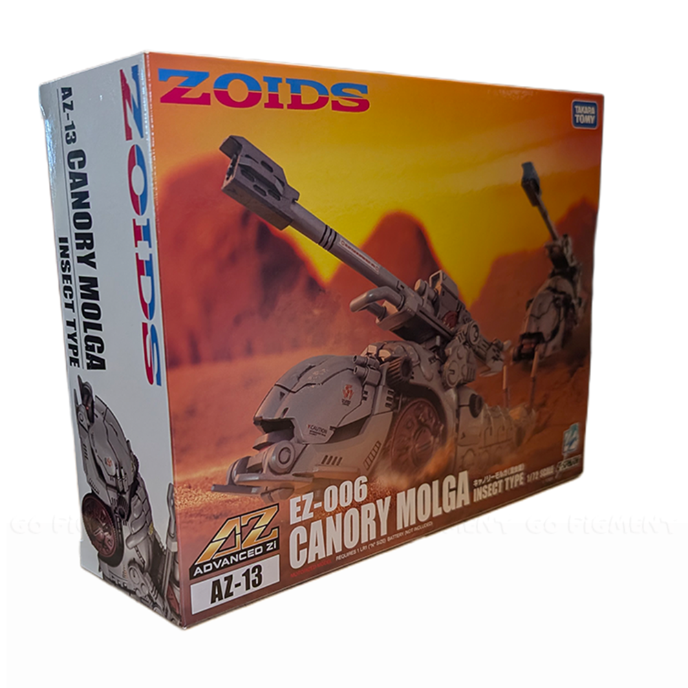 Kotobukiya Molga ZOIDS AZ-13 Canory Molga Model Kit box with desert battle scene and model image