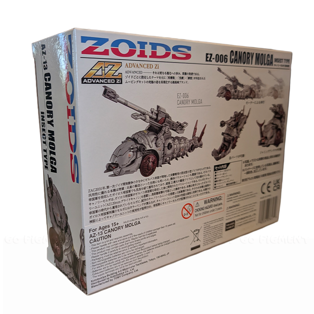 Kotobukiya Molga ZOIDS AZ-13 Canory Molga Model Kit box showing mechanical dinosaur details and assembly views