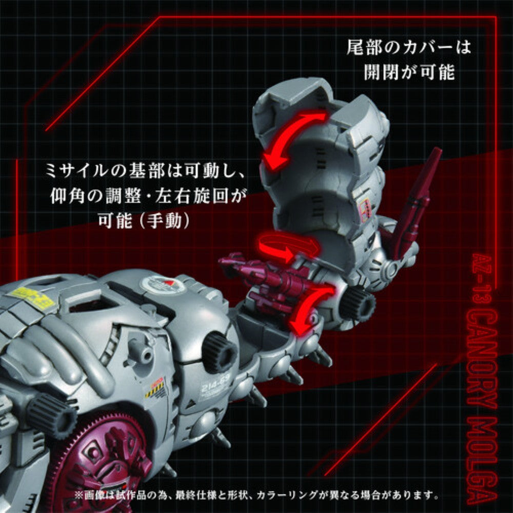 Molga ZOIDS AZ-13 Canory Molga Model Kit by Kotobukiya demonstrating movable tail cover and missile base features.