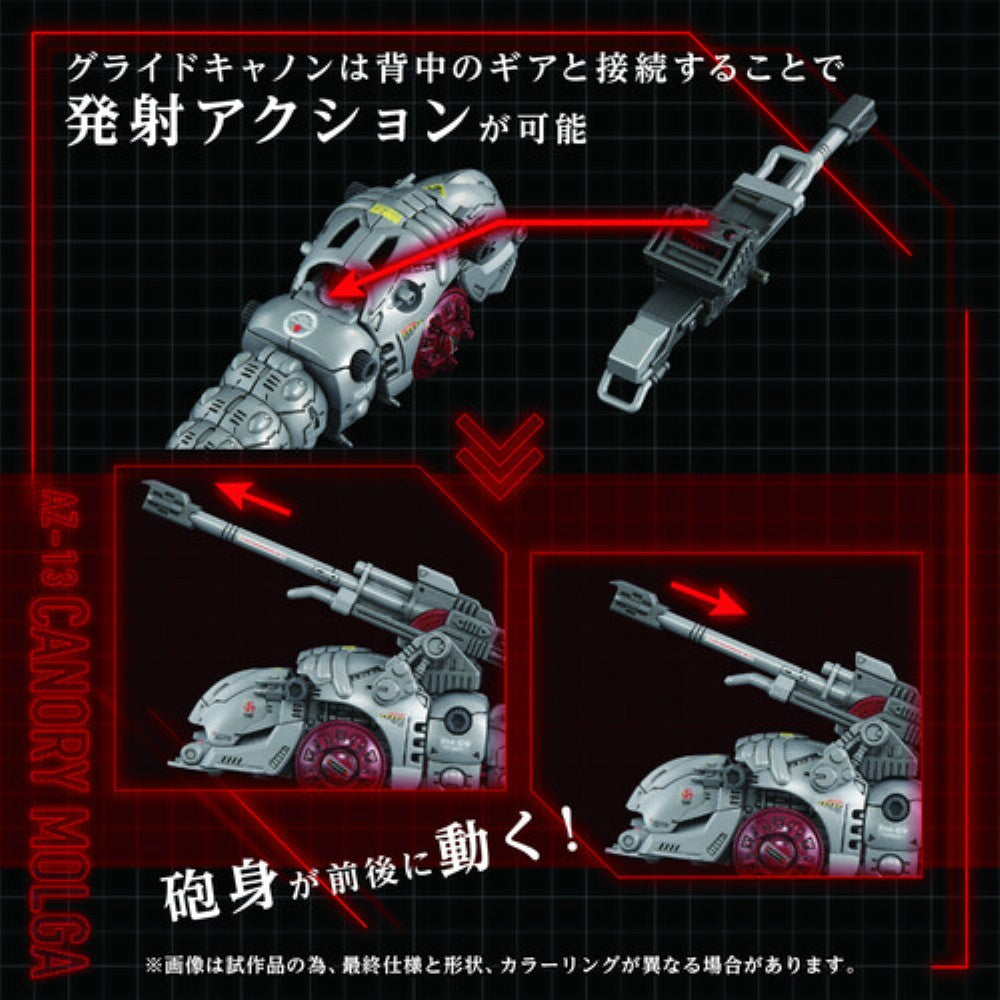 Molga ZOIDS AZ-13 Canory Molga Model Kit by Kotobukiya showing articulated cannon attachment and movement features.