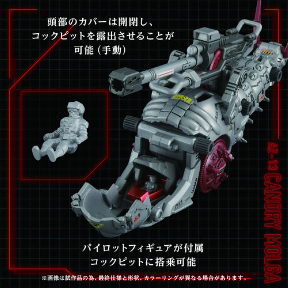 Molga ZOIDS AZ-13 Canory Molga Model Kit by Kotobukiya with detailed cockpit and pilot figure included.
