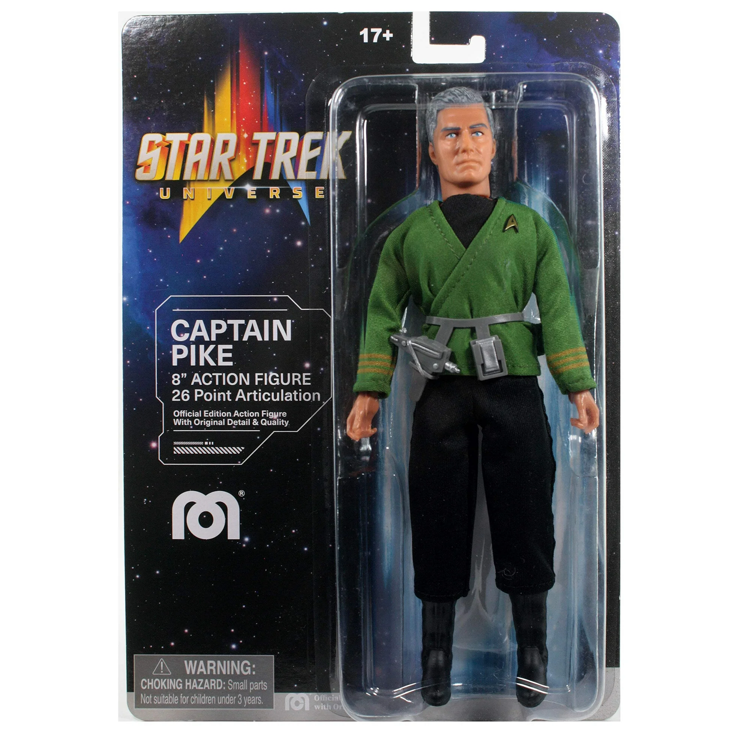 Mego Star Trek: Strange New Worlds - Captain Pike 8" Action Figure in green uniform with detailed articulation and accessories.