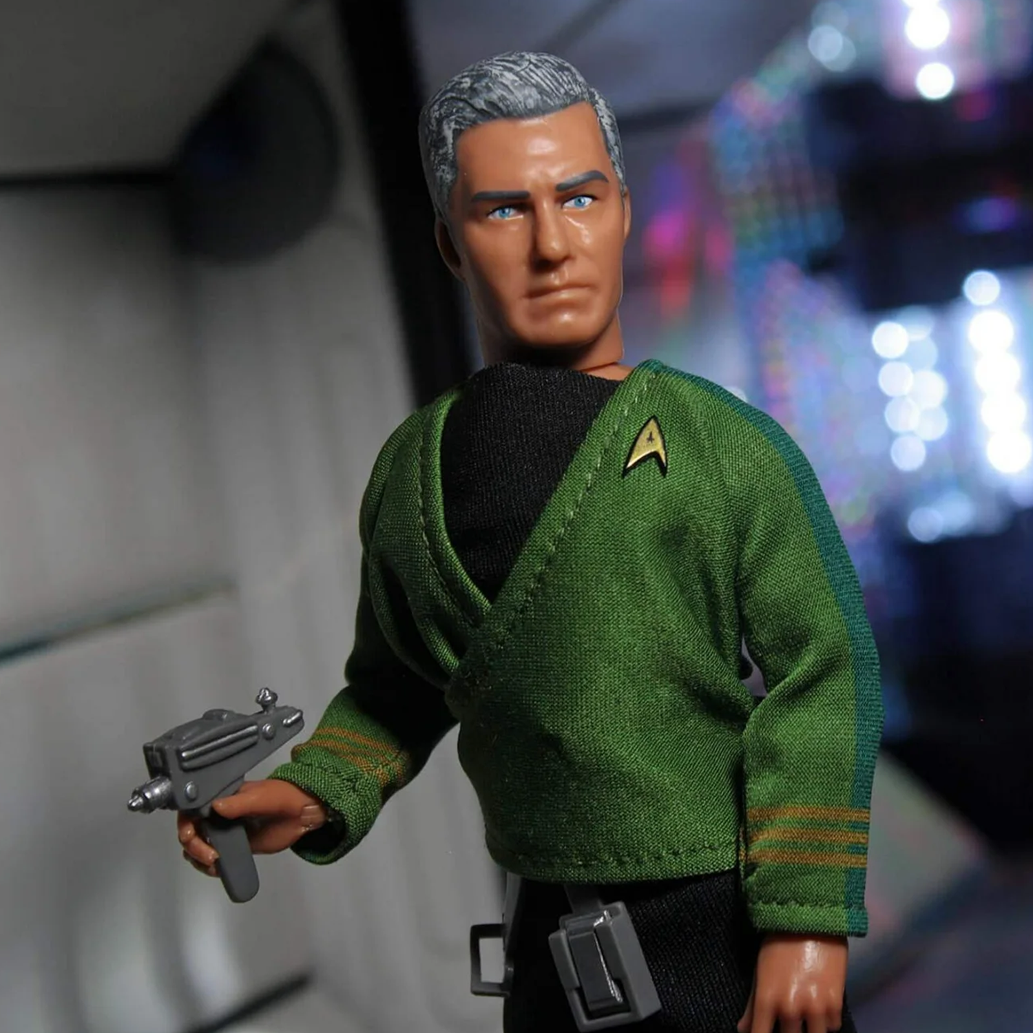 Mego Star Trek: Strange New Worlds - Captain Pike 8" Action Figure holding phaser with detailed uniform and gray hair