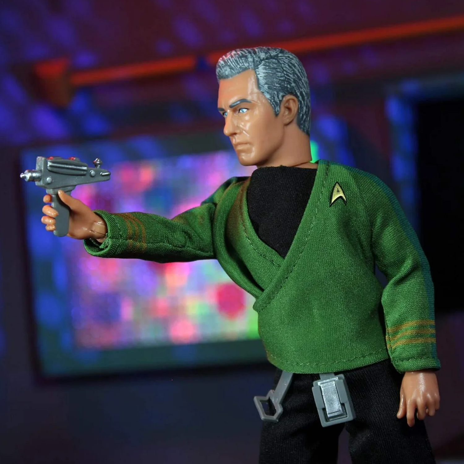 Mego Star Trek: Strange New Worlds - Captain Pike 8" Action Figure holding a phaser in classic uniform with detailed features.