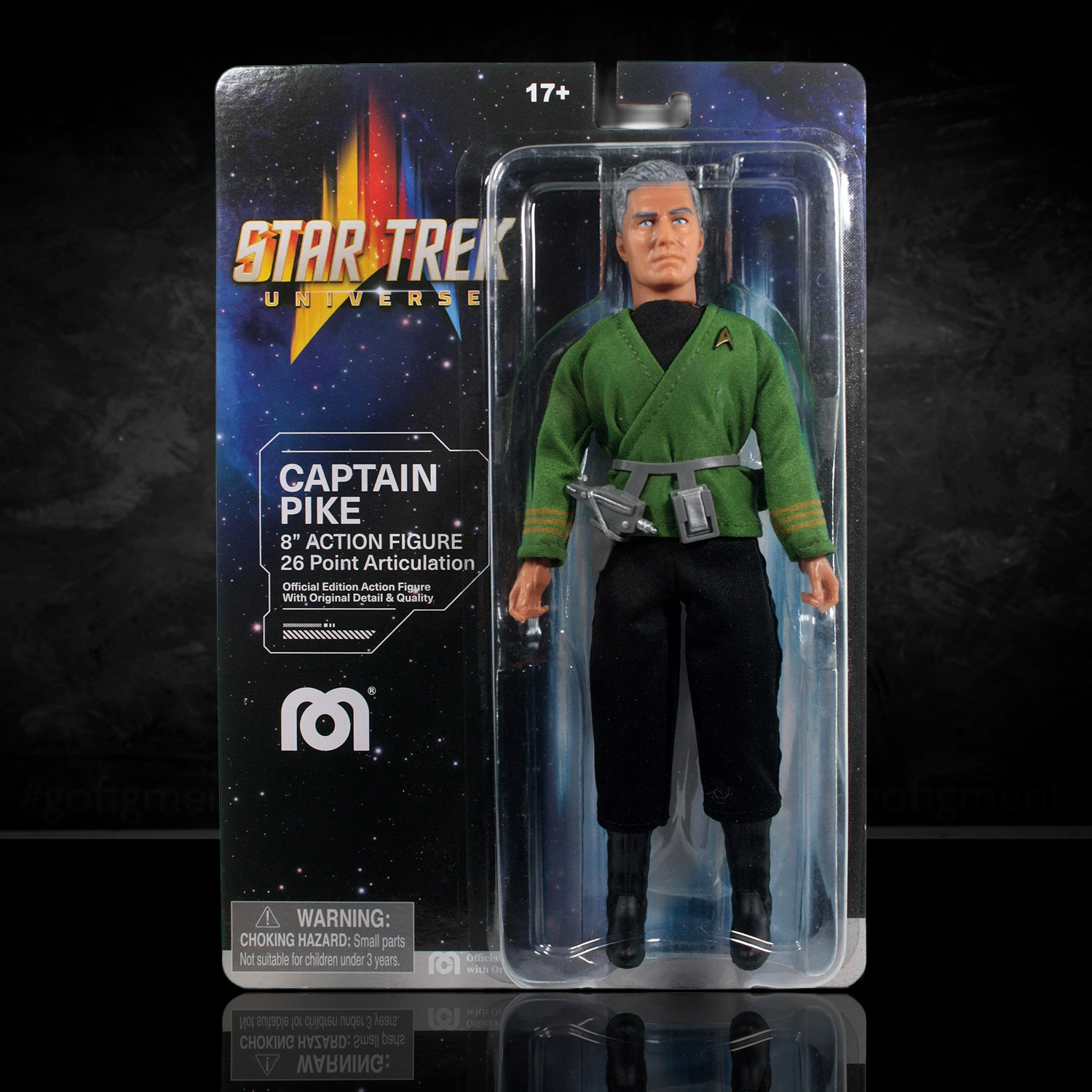 Mego Star Trek: Strange New Worlds - Captain Pike 8" Action Figure in green uniform with belt, boots, and 26-point articulation.