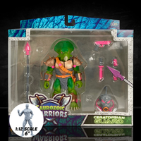 Detailed Styracosaurus infantry figure, Ceratopsian Guard, shown with tactical accessories including a spear, blaster pistol, and a removable gas mask. This 6-inch scale dinosaur soldier is designed as an army builder for 1:12 scale action figure displays.