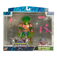 Detailed Styracosaurus infantry figure, Ceratopsian Guard, shown with tactical accessories including a spear, blaster pistol, and a removable gas mask. This 6-inch scale dinosaur soldier is designed as an army builder for 1:12 scale action figure displays.