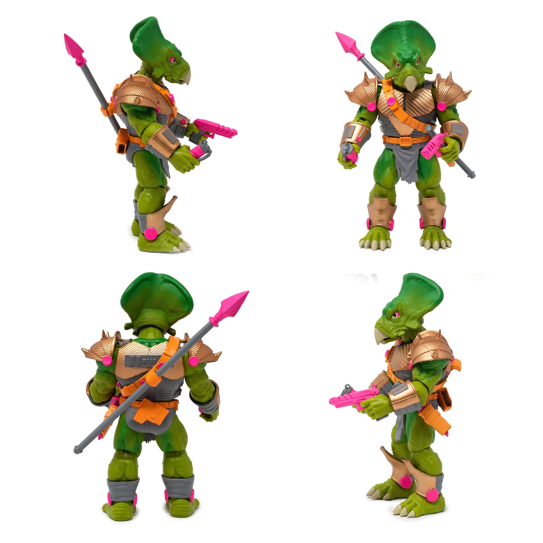 Detailed Styracosaurus infantry figure, Ceratopsian Guard, shown with tactical accessories including a spear, blaster pistol, and a removable gas mask. This 6-inch scale dinosaur soldier is designed as an army builder for 1:12 scale action figure displays.