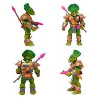 Detailed Styracosaurus infantry figure, Ceratopsian Guard, shown with tactical accessories including a spear, blaster pistol, and a removable gas mask. This 6-inch scale dinosaur soldier is designed as an army builder for 1:12 scale action figure displays.