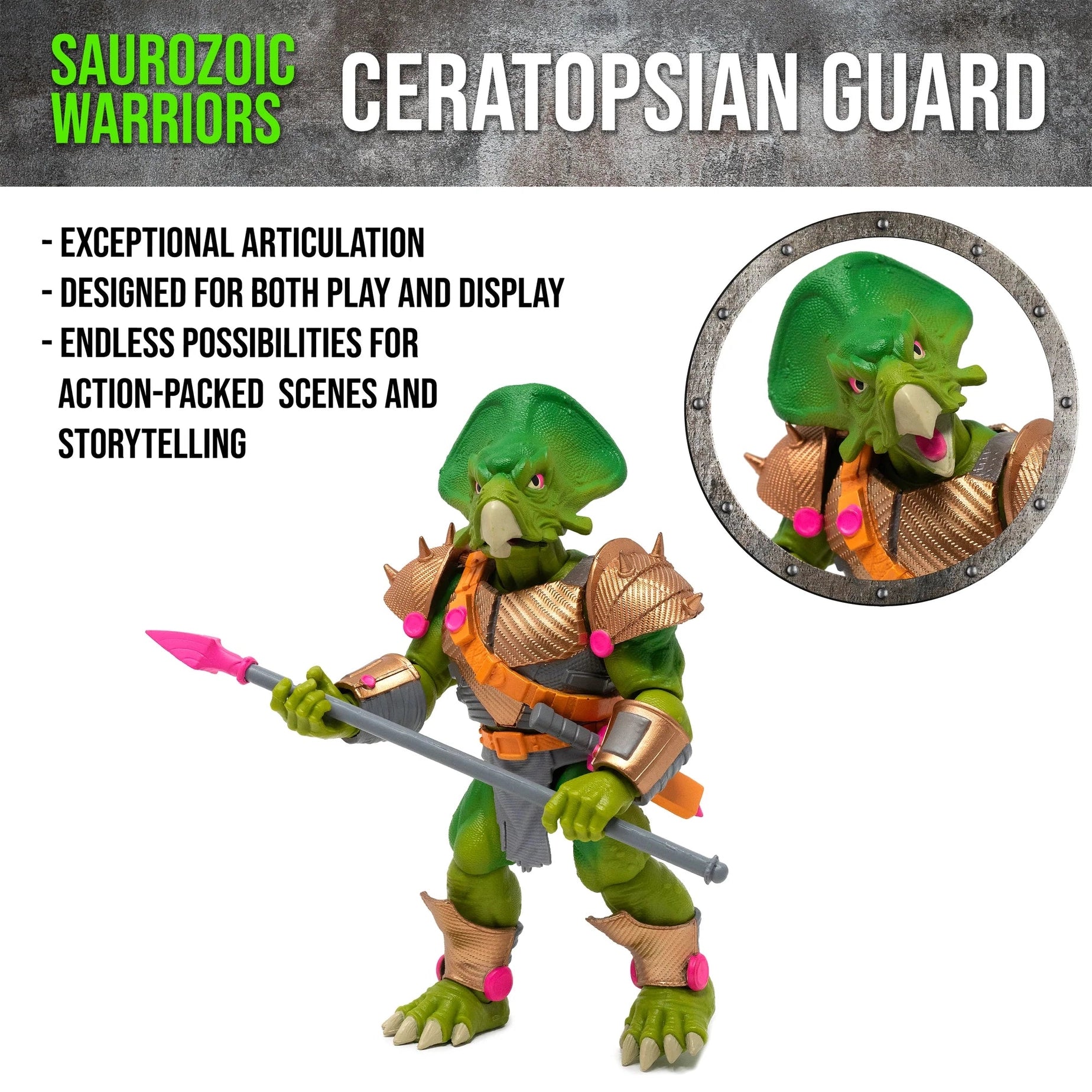 Detailed Styracosaurus infantry figure, Ceratopsian Guard, shown with tactical accessories including a spear, blaster pistol, and a removable gas mask. This 6-inch scale dinosaur soldier is designed as an army builder for 1:12 scale action figure displays.