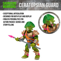 Detailed Styracosaurus infantry figure, Ceratopsian Guard, shown with tactical accessories including a spear, blaster pistol, and a removable gas mask. This 6-inch scale dinosaur soldier is designed as an army builder for 1:12 scale action figure displays.