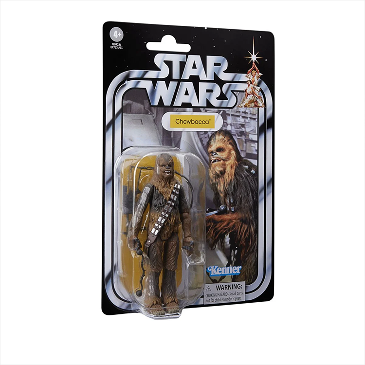 Kenner Star Wars Chewbacca action figure in vintage-style packaging with bowcaster accessory and detailed sculpt
