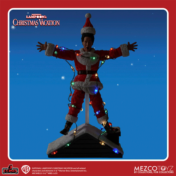 Super7 National Lampoon’s Christmas Vacation Light-Shock Clark action figure with colorful light-up holiday display on roof peak