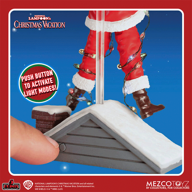 Super7 National Lampoon’s Christmas Vacation Light-Shock Clark figure with button-activated glowing holiday lights on rooftop scene