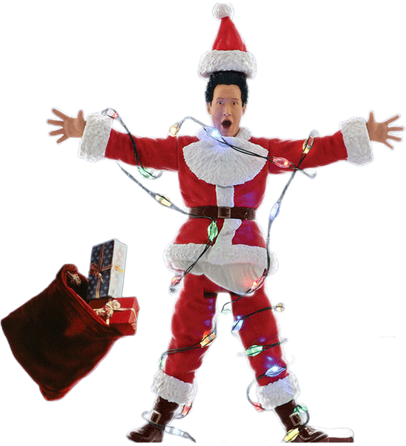 Super7 National Lampoon’s Christmas Vacation Clark action figure tangled in colorful Christmas lights with Santa outfit and gift bag
