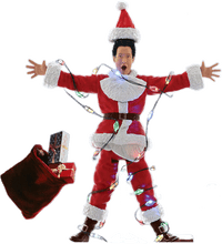 Super7 National Lampoon’s Christmas Vacation Clark action figure tangled in colorful Christmas lights with Santa outfit and gift bag