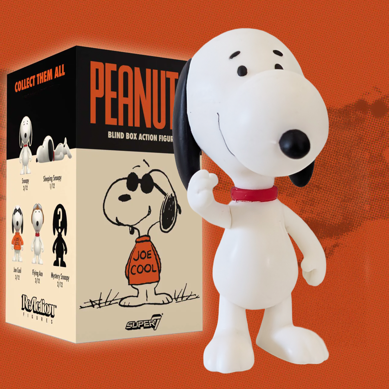 Super7 Peanuts ReAction 3.75-inch Snoopy figure with red collar and blind box featuring Joe Cool design on orange background