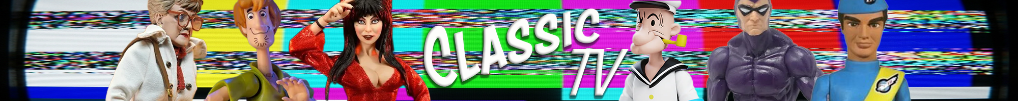 Classic TV characters lined up against a static television screen background with a "CLASSIC TV" logo in the center.