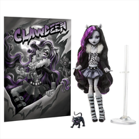 Mattel Monster High Reel Drama Clawdeen Wolf doll with pet cat Crescent and stand in black and white vintage style