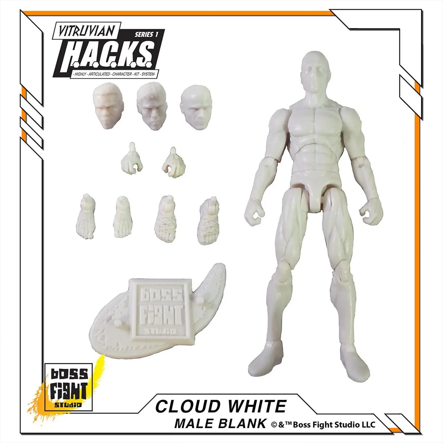 Unpainted articulated male action figure with interchangeable heads, hands, and display base in white color.