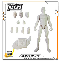 Unpainted articulated male action figure with interchangeable heads, hands, and display base in white color.