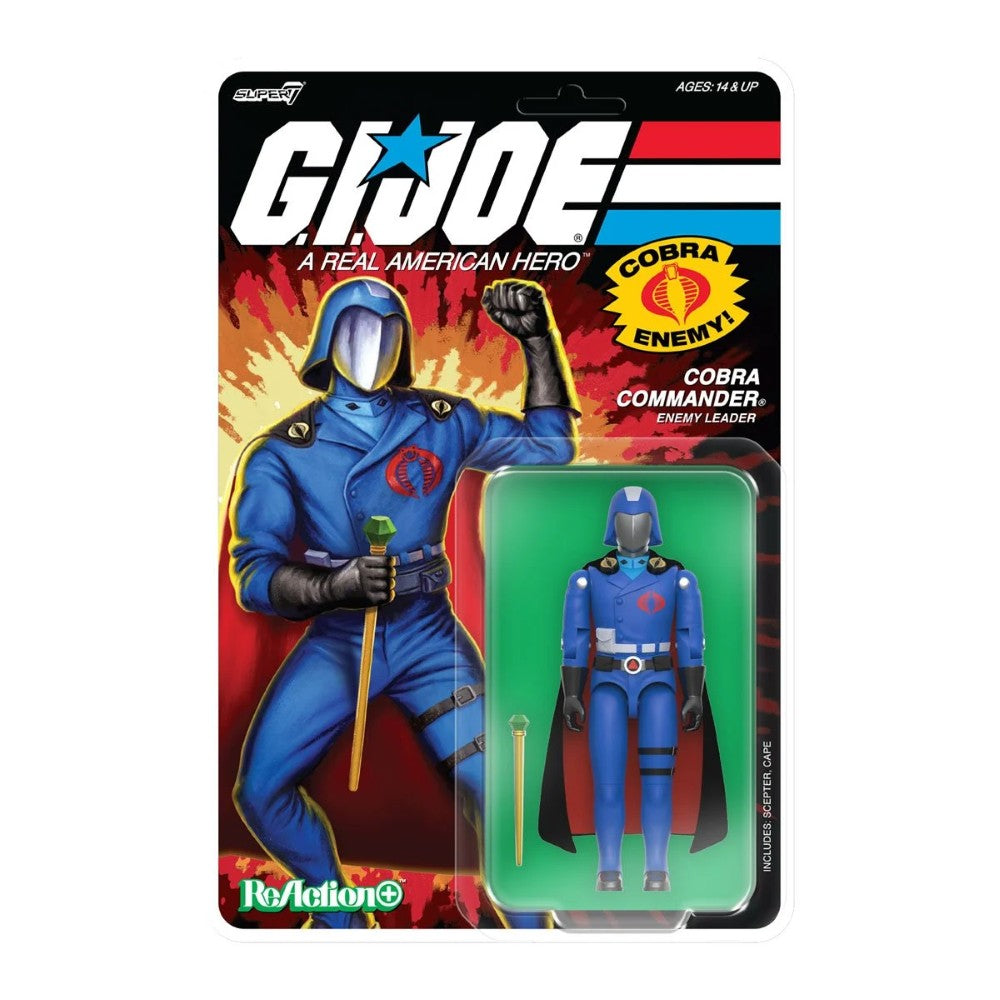 Super7 Cobra Commander figure in blue uniform with black cape and staff in retro ReAction+ packaging