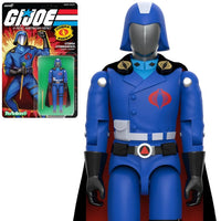 Super7 Cobra Commander figure in blue uniform with black cape and silver helmet in retro style packaging