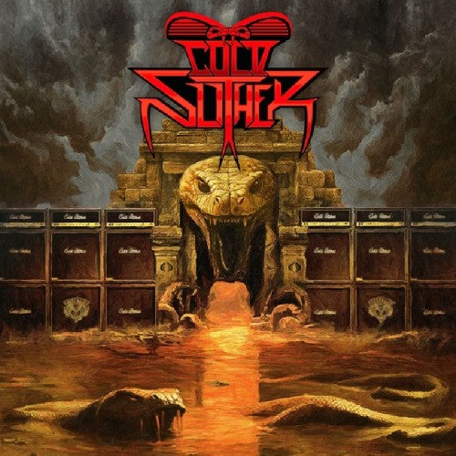 Cold Slither album cover artwork featuring a giant snake mouth and amplifiers with fiery orange and gray tones.