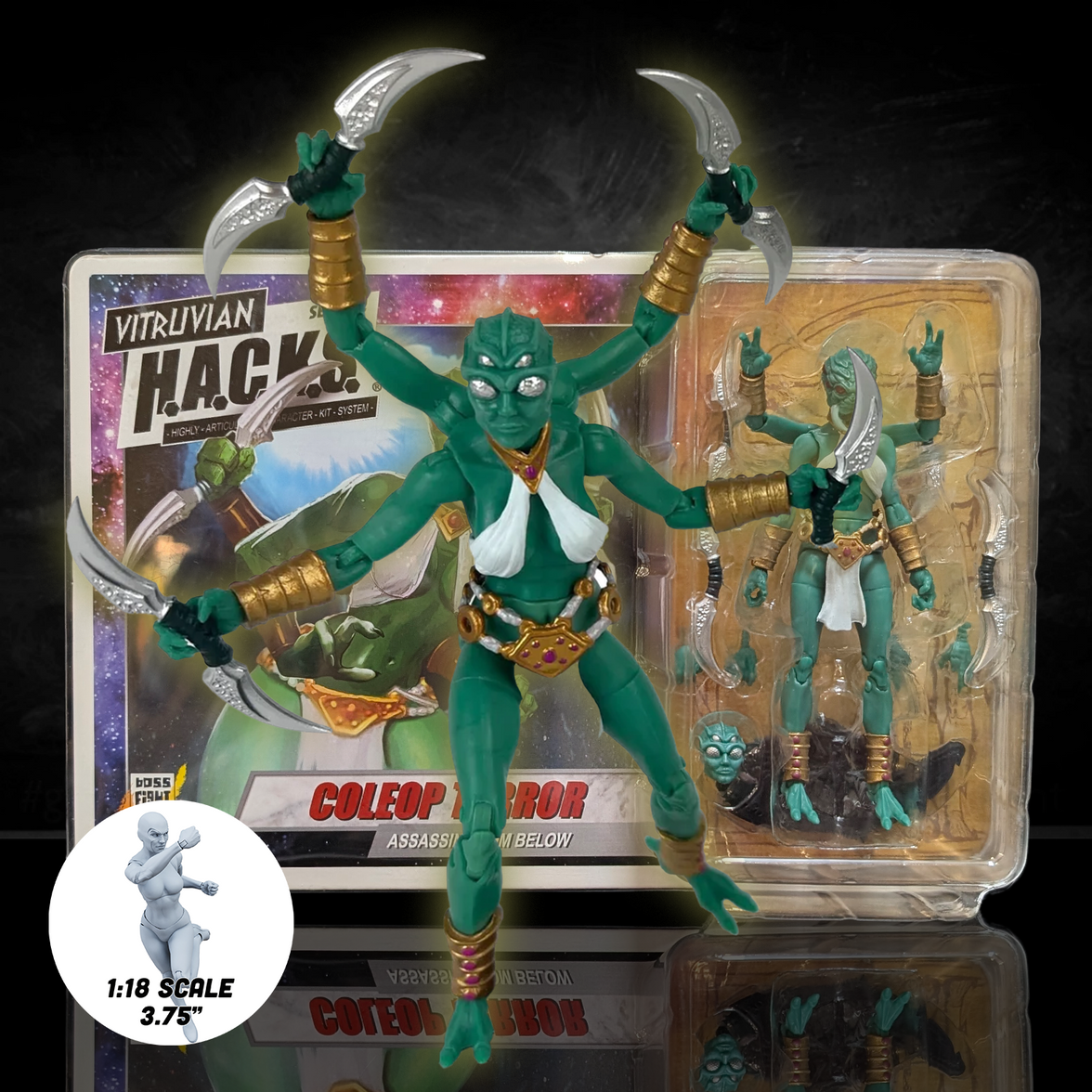 Coleop Terra Assassin from Below -Vitruvian H.A.C.K.S. 1:18 Scale Action Figure by Boss Fight Studio Llc with blades and extra head accessory