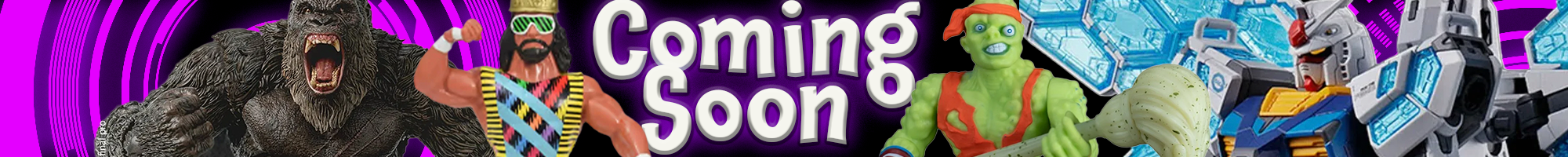 Roaring gorilla figure alongside eclectic toy characters with vibrant purple circular backdrop and "Coming Soon" text