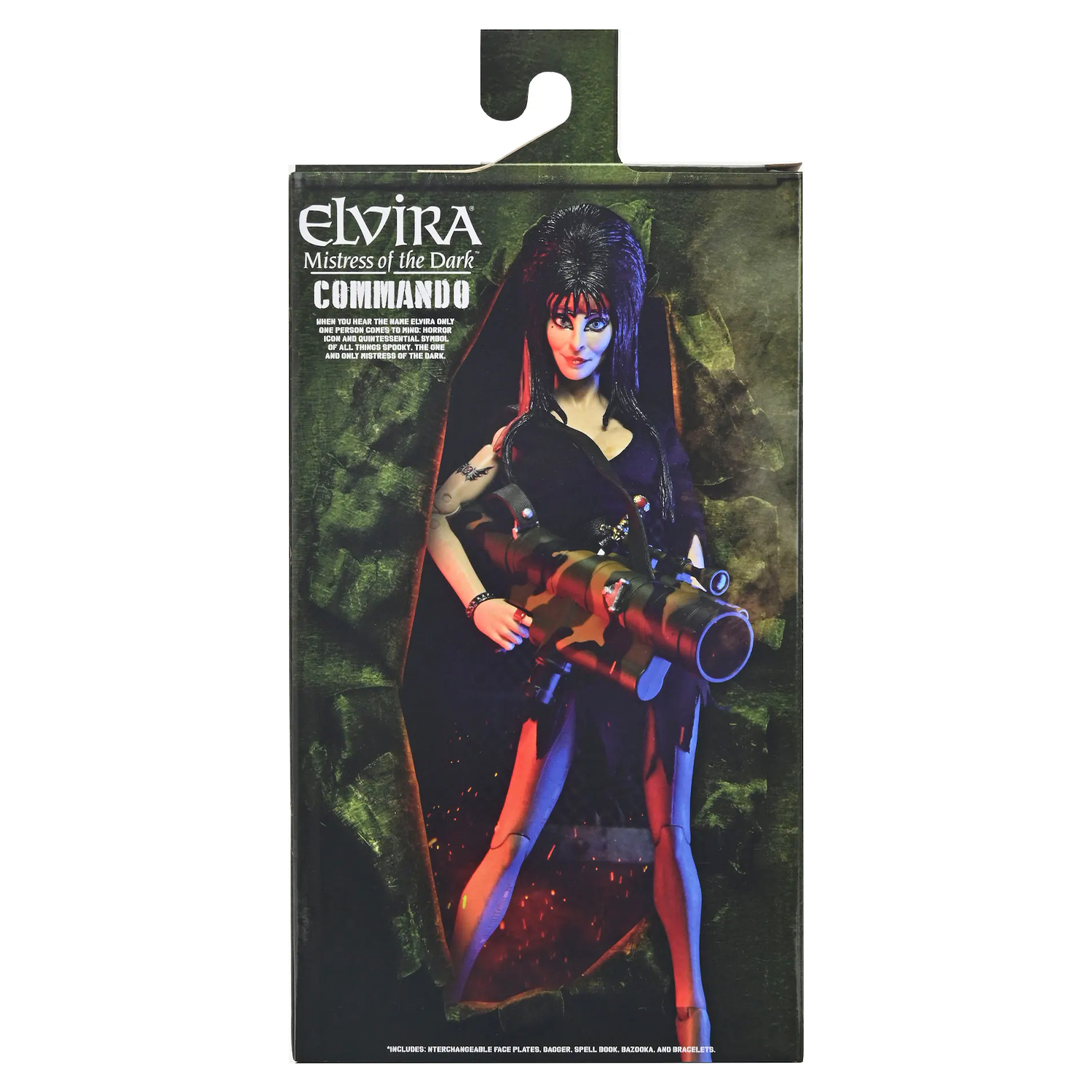Commando Elvira - Mistress of the Dark 8-Inch Clothed Action Figure by Neca holding camo bazooka new in box collectible