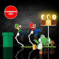 Super Mario Bros S.H.Figuarts Complete 3 Action Figures and Playset by Bandai Tamashii Nations with Luigi, Mario, Yoshi, and coins